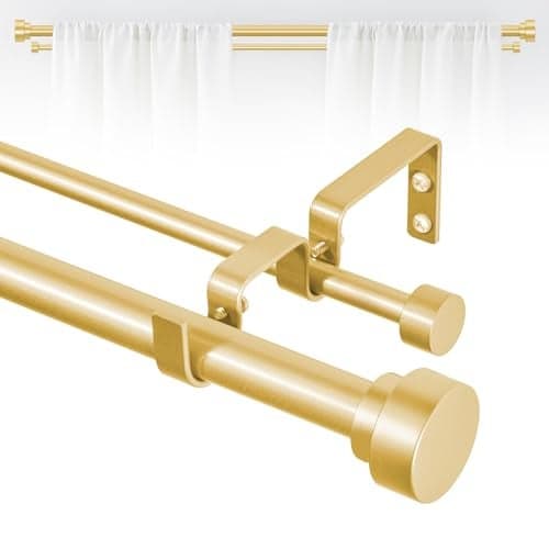 TANGWIN Gold Double Curtain Rods for windows 36 to 88:Adjustable Heavy Duty Double Curtain Rod for Bedroom Living Room,1 Inch Brass Gold Iron Moden Decorative Telescopic Dual Drapery Rod Easy Install