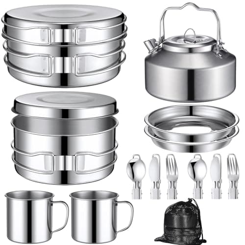 Funnymoom 15 Pcs Camping Cookware Mess Kit Outdoor Cooking Set Stainless Steel with Pot and Pan Kit 2 Set Stainless Steel Cups Plates Forks Knives Spoons for Camping Backpacking Cooking Picnic