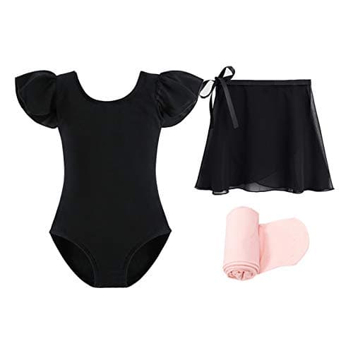Stelle Girls Short Sleeve Dance Active Dress Ballet Leotard Combo with Dance Skirt and Dance Tight (Black (Ruffle Sleeve), 120, 7 Years)
