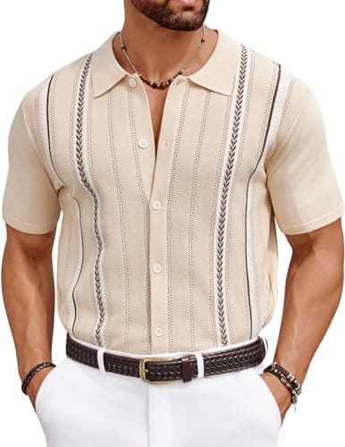 COOFANDY Mens Beach Shirts Cuban Crochet Shirt Short Sleeve Button Down Shirts Trendy Old Money Clothes Bowling Shirts Khaki Cream Beige XL