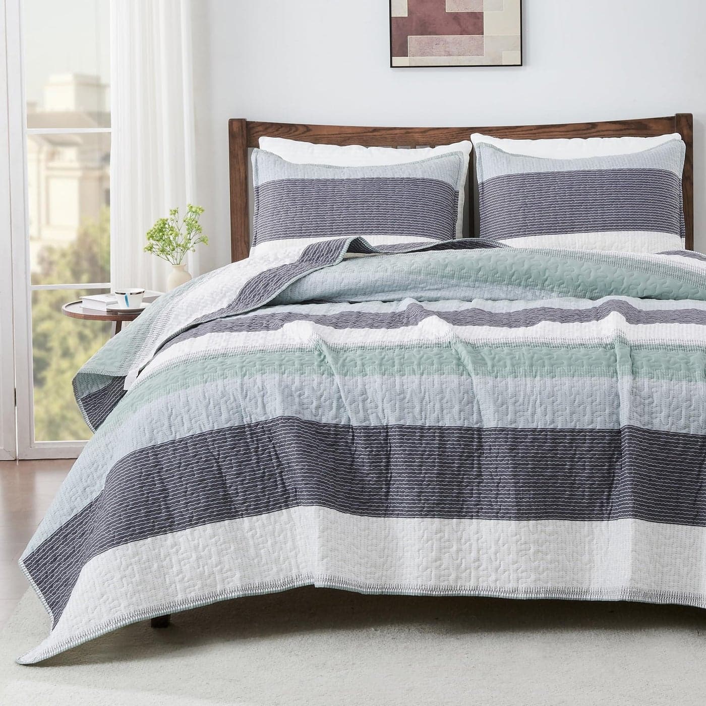 Andency Queen Quilt Bedding Set Sage Green 3 Pieces Patchwork Mint Green Striped Ultra Soft Lightweight Bedspreads Coverlets Set with 2 Pillow Shams for All Seasons 90x96