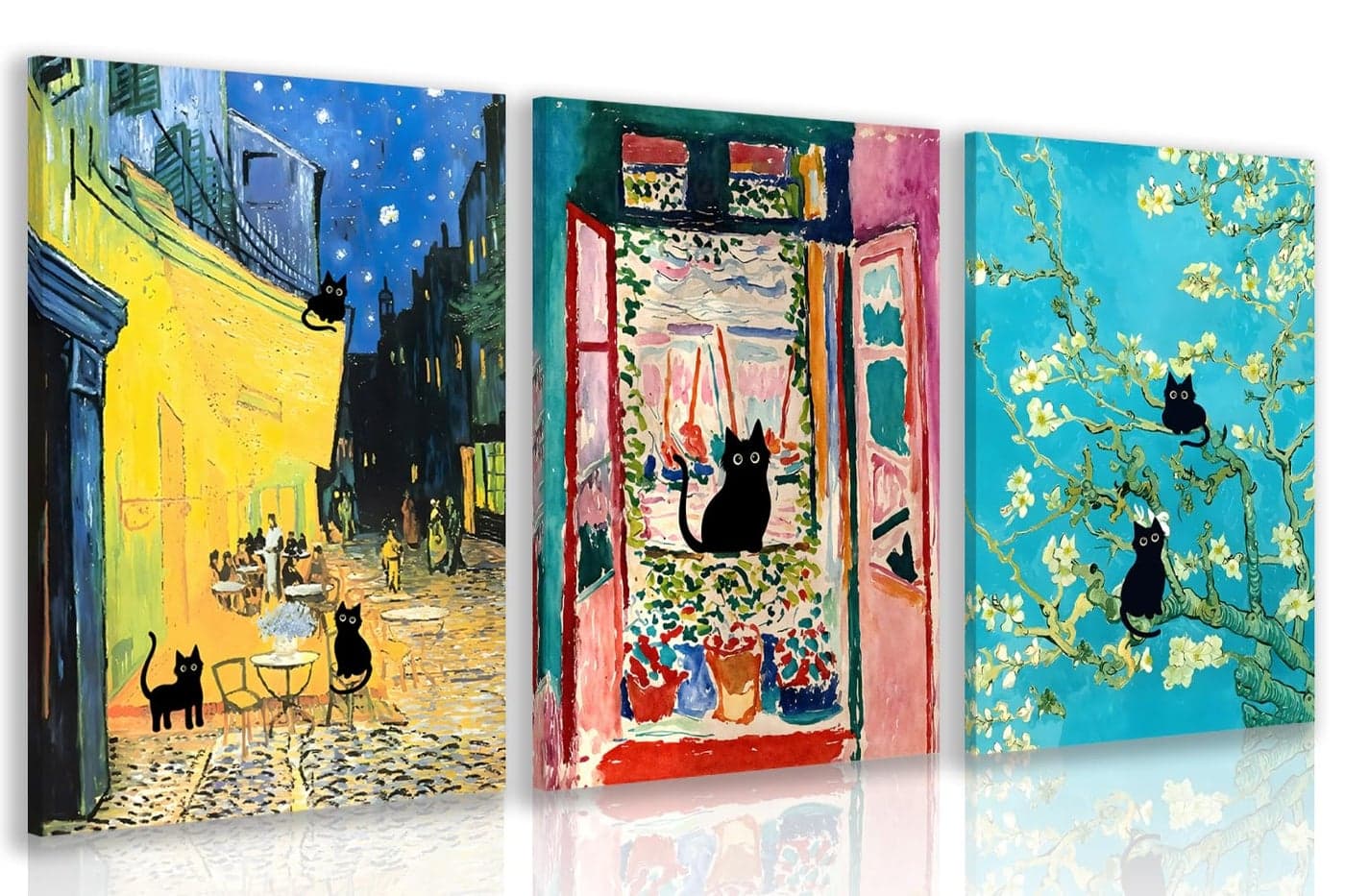 FASWQ Whimsical Black Cat Wall Art, Van Gogh Matisse Picasso Wall Decor, Funny Bathroom Canvas Paintings, Cute Animal Aesthetic Pictures for Living Room Kids' Room Framed Ready to Hang Set of 3, Each 12x16 Inch