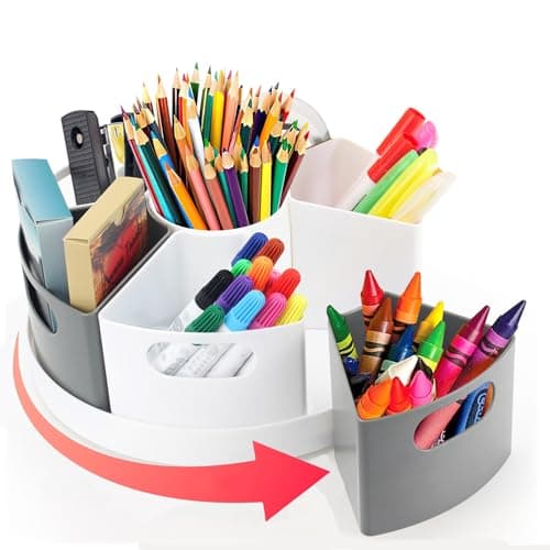 ZERUIDM Rotating Art Supply Organizer Storage Caddy for Kids, 7 Bins Craft Crayon Marker Organizer for School Desk, Lazy Susan Pencil Holder for Classroom Organization, Homeschool Supplies