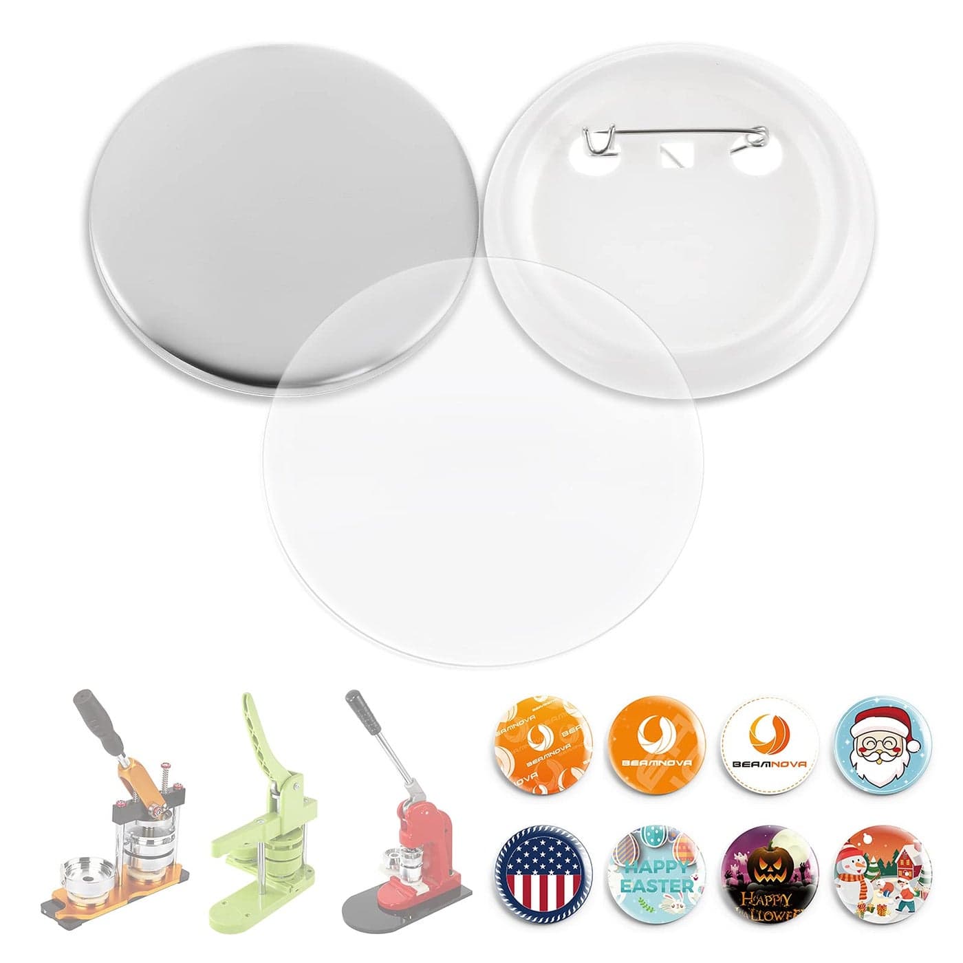 BEAMNOVA 1000 Sets of Round Button Parts Supplies 25mm 098 in Approx 1 inch for Button Maker Machine DIY Pin Maker Every Set Includes Tinplate Top Plastic Clip Bottom Plastic Film