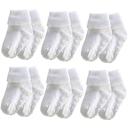 Xiyadun 6 Pairs Infant Toddler Ankle Cotton Baby Socks Anti Slip For Boys Girls(White- With Non Slip Bottom,9-24 Months)