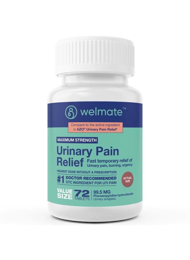 WELMATE Urinary Pain Relief | Uti Relief | Fast Acting | Discomfort & Bladder Pain Relief | Phenazopyridine Hydrochloride 99.5Mg | 72 Count Tablets