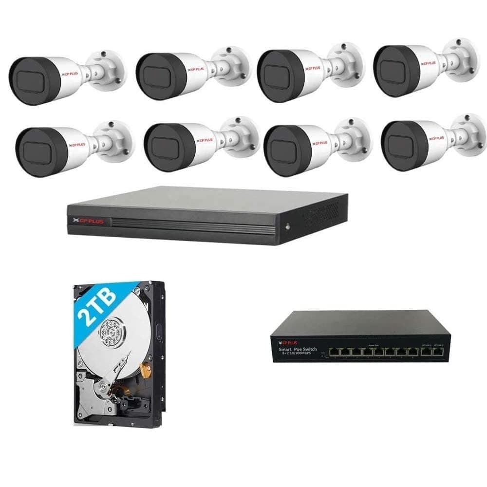 CP PLUS 4Mp 1080p Ip Network Camera Combo Set 8 Ch Nvr 4Mp Ip Bullete Camera 8Pcs 2 Tb Hard Drive 82 Port Poe Switch