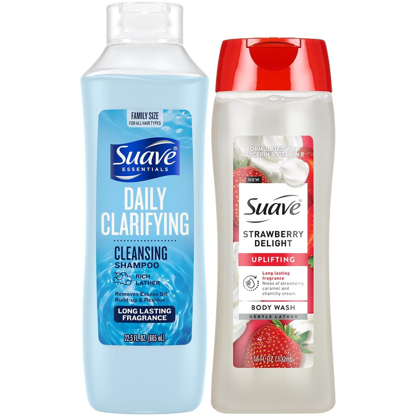 Suave Daily Clarifying Shampoo and Strawberry Delight Body Wash Bundle Shower Essentials for Healthy Skin Hair