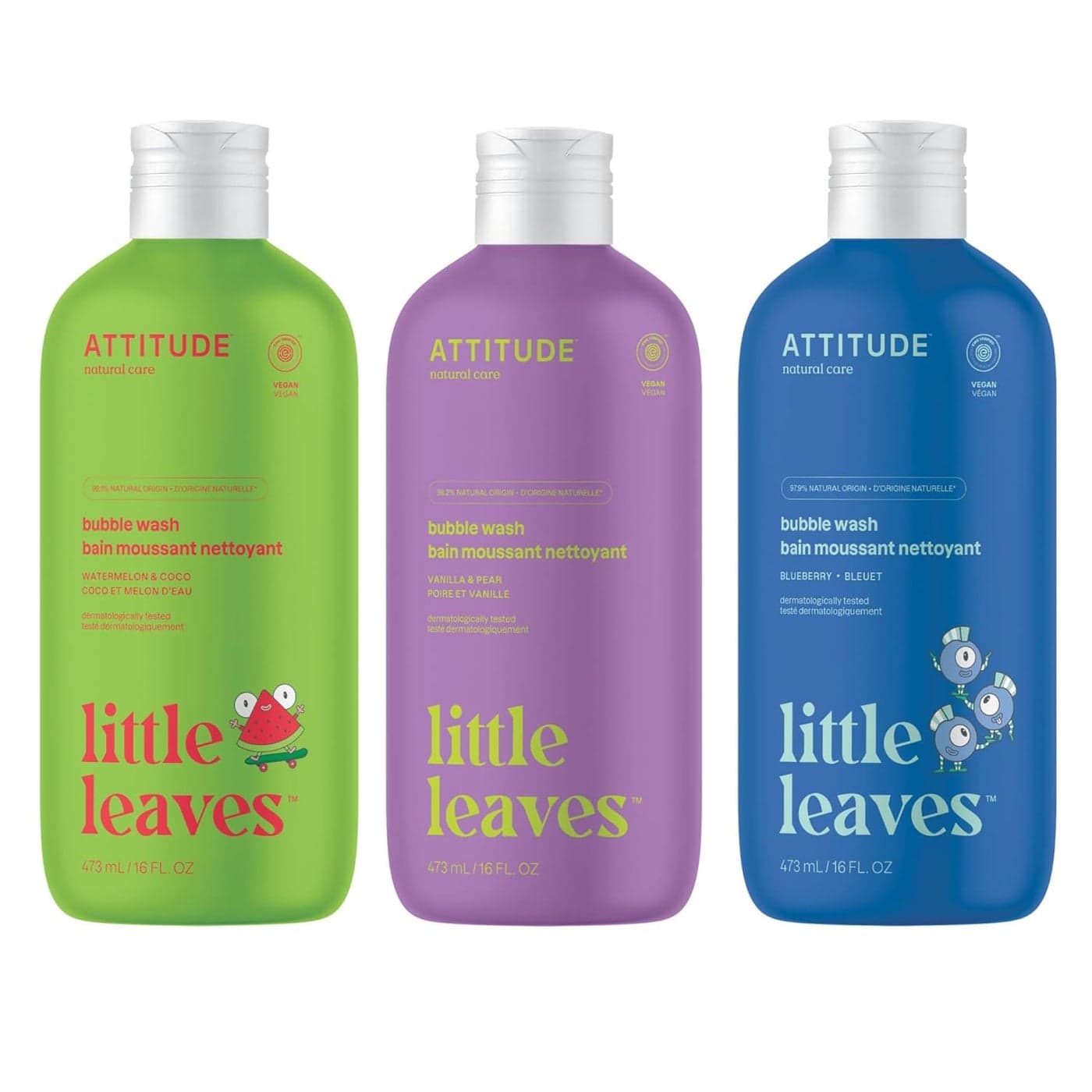 Bundle of ATTITUDE 3 Bubble Wash for Kids Hair Shampoo and Body Soap EWG Verified Plant and MineralBased Vegan 16 Fl Oz Blueberry Watermelon Coco Vanilla Pear