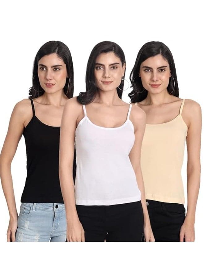 Aimly Women's Regular Fit Sleeveless Cotton Camisole Slip Spaghetti Combo Pack of 3, Contains 1 Beige 1 Black 1 White Color