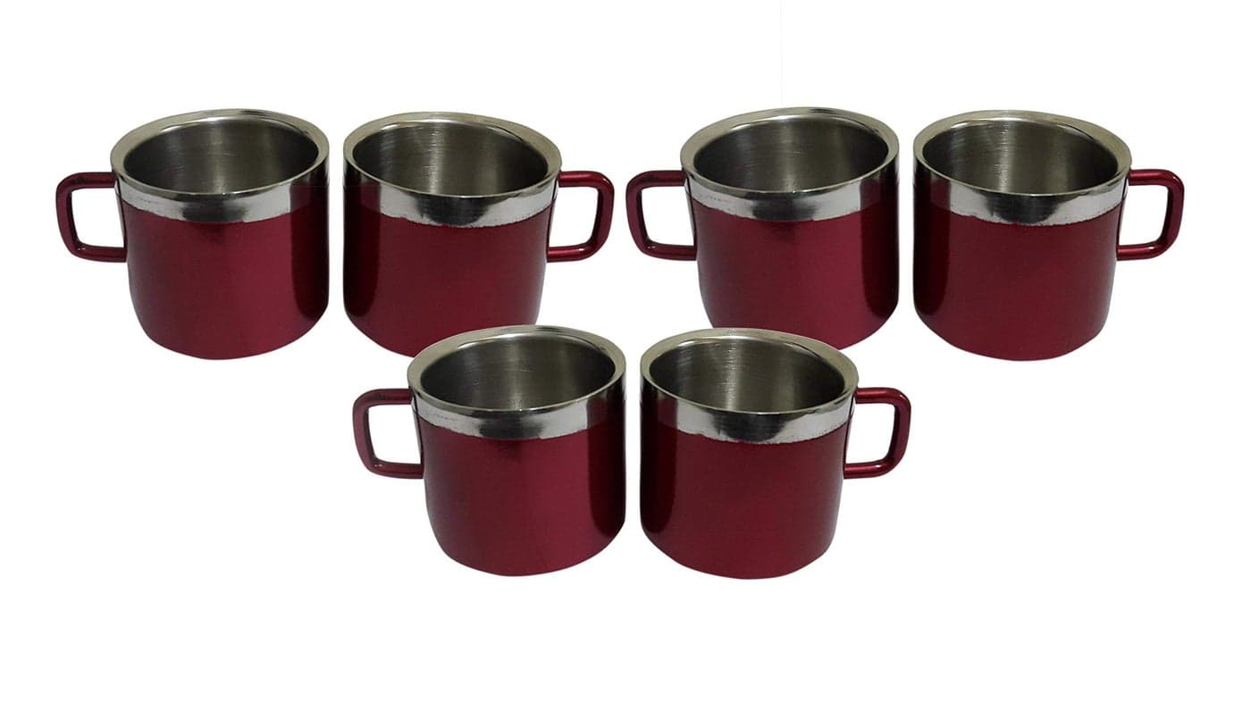 Dynore Stainless Steel Double Wall Tea Cup Set of 6 Maroon Tea Cups