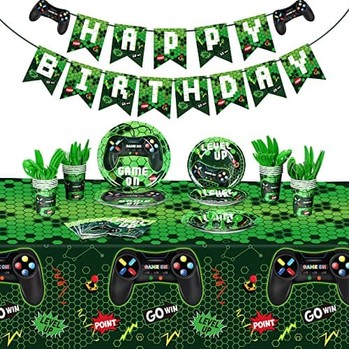 Tiamon 172 Pcs Video Game Party Decoration Set Happy Birthday Banner Gamer Supplies Plastic Tablecloth Paper Plates Tableware for Player Birthday Pack Serving 24 GuestsGameBlue