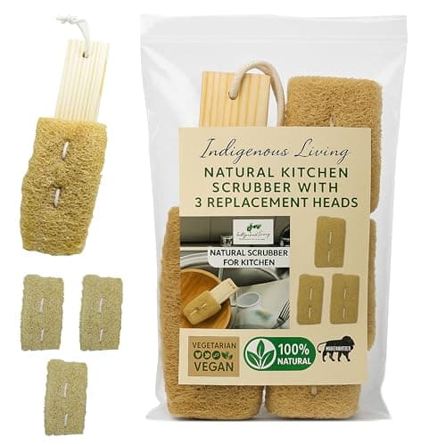 Indigenous Living Natural Kitchen Brush with 3 Replacement Scrubs | Non-Scratch Loofah Utensil Scrubber for Dishes, Cookware & Sink Cleaning | Eco-Conscious Plant-Based Kitchen Scrub Pad