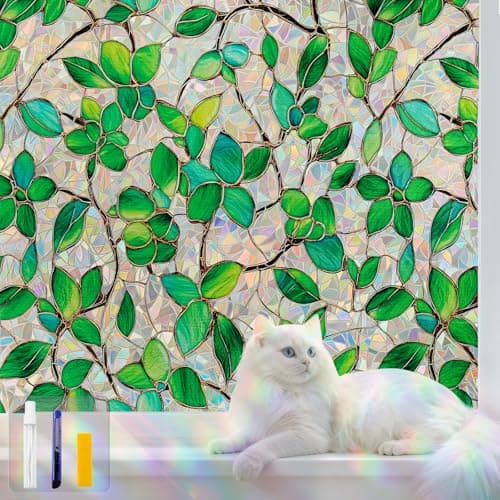 QHYsunshine Stained Glass Window Privacy Film Decorative Rainbow Static Clings – Ideal for Home & Office, Adhesive-Free, Removable, UV-Blocking (Green Rainbow, 17.5 X 78.7 in)