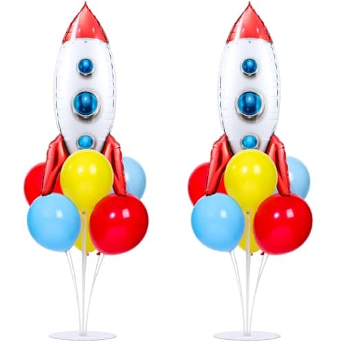 Toy Inspired Themed Party Story Balloons Stand Kit 2 Sets With 2 Rocket Foil Balloons Toy Themed Red Blue Yellow Balloon Centerpiece for Tables for Boys Birthday Baby Shower Cartoon Party Decorations