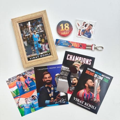TenorArts Virat Kohli Gift Box Merchandise - 5x7 Inches Laminated Photo Frame,1 Virat Keychain, 1 Badge, 4 4x6 inches Posters, Shapecut Stickers - 5 items in 1 Box | Perfect for Gifting Cricket Fans