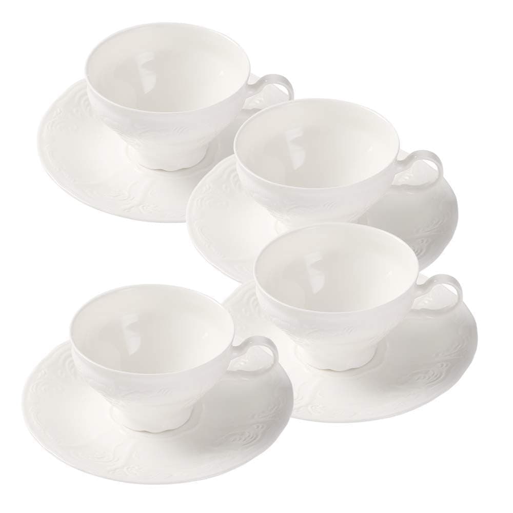 PULCHRITUDIE White Fine Porcelain 7 Oz Teacup Saucer Set Sculpture Surface Light Weight Set of Four