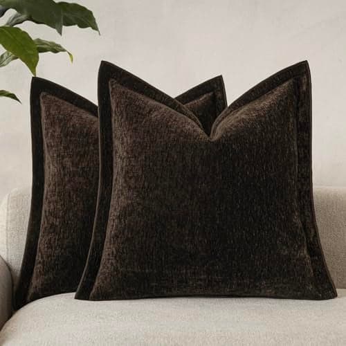 vivrudil Decorative Chenille Luxury Throw Pillow Covers with Wide Edge, Textured Solid Pillowcases, Soft Velvet Cushion Cover Home Décor for Couch Sofa Living Room,18×18 Inch, Set of 2, Dark Brown