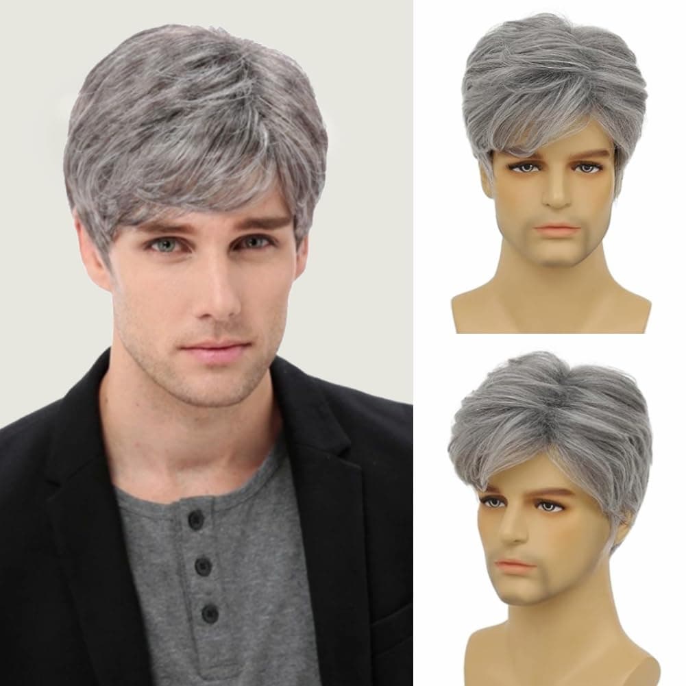 Kaneles Mens Short Grey Wig Natural Layered Costume Halloween Wigs Synthetic Heat Resistant Hair Replacement Wigs for Male Guys