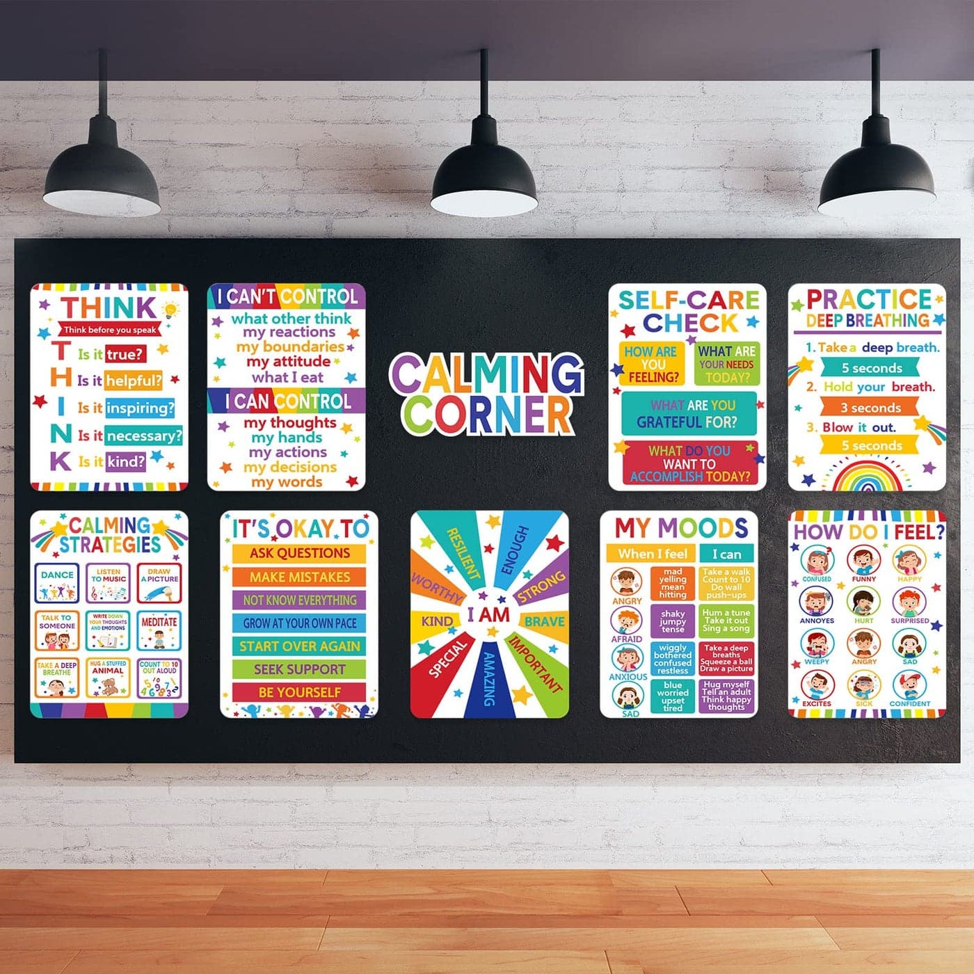 10 Pcs Calming Posters Emotion Chart for Kids Feeling Management Posters Back to School Calming Strategies Bulletin Board Set for Preschool Kindergarten Elementary School Decor Colorful