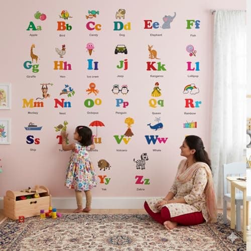 Alphabets - Baby Kids Learning Education Nursery, Pre School, Kindergarten Wall Sticker Decals (Multicolour, Self-Adhesive, Peel and Stick) (Large - 200 x 200 cm)