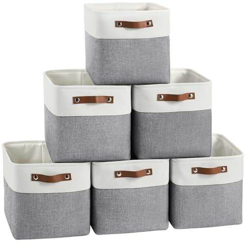 FinishingBo Cube Storage Baskets 6 Pack, 11x11 inch Foldable Cube Storage Bins with Leather Handles for Shelf Closet Nursery Toys (White/ Gray)