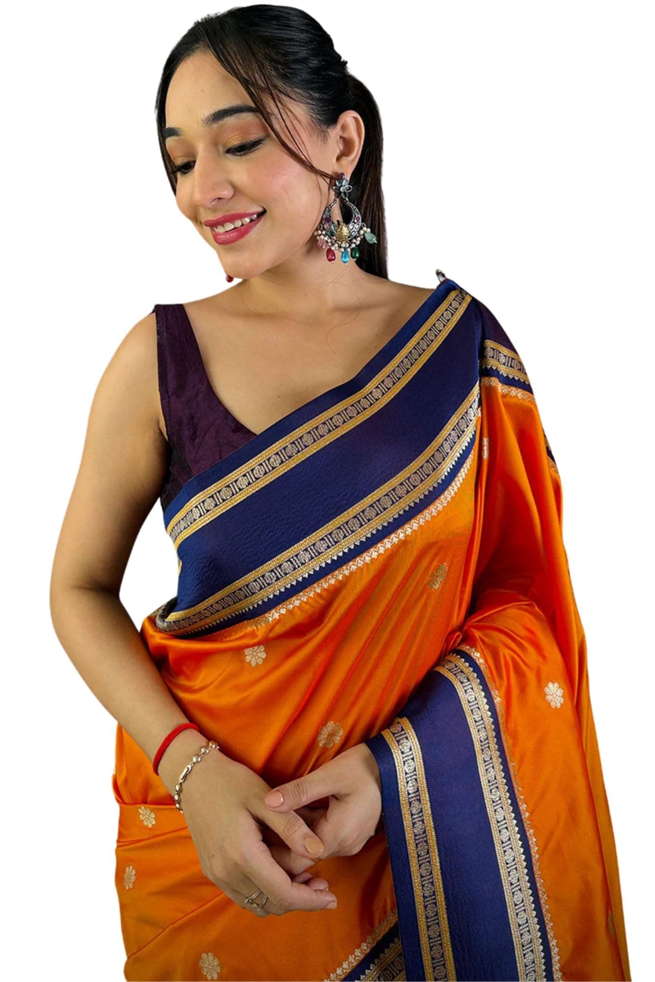 SGF11 Women's Kanjivaram Soft Silk Saree With Unstitched Blouse Piece (Orange)