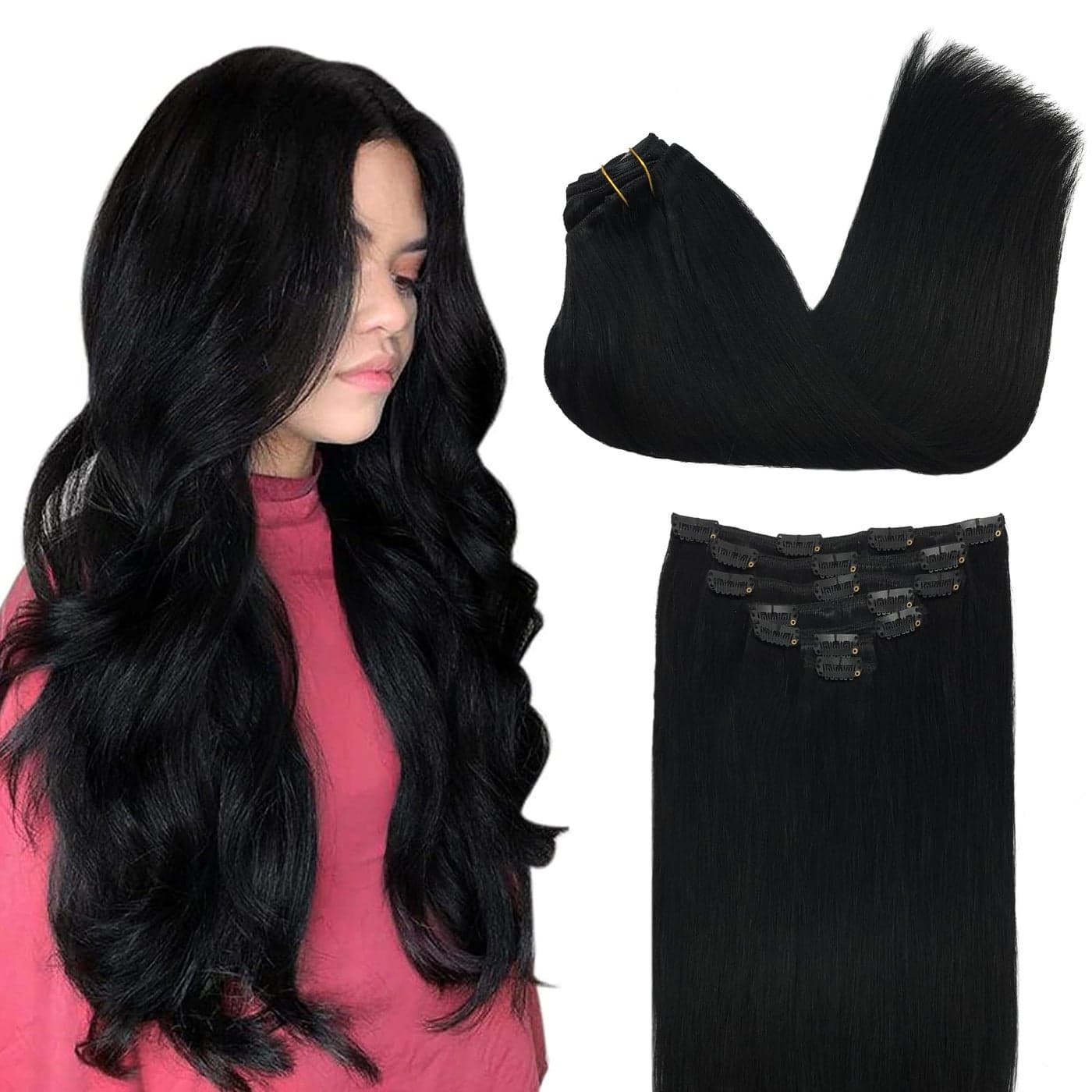 GOO GOO Clip in Hair Extensions Real Human Hair Remy Human Hair Extensions Clip ins for Women Natural Human Hair 24inch 120g 7Pcs 1 Jet black