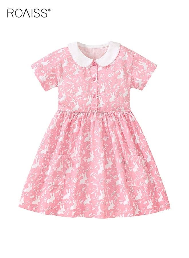 Girl's Summer Dress with Adorable Patterns, Doll Neck Dress with 2 Side Pockets, Casual Stylish Sundress for Little Girls, Suitable for Daily Wear or Any Occasion
