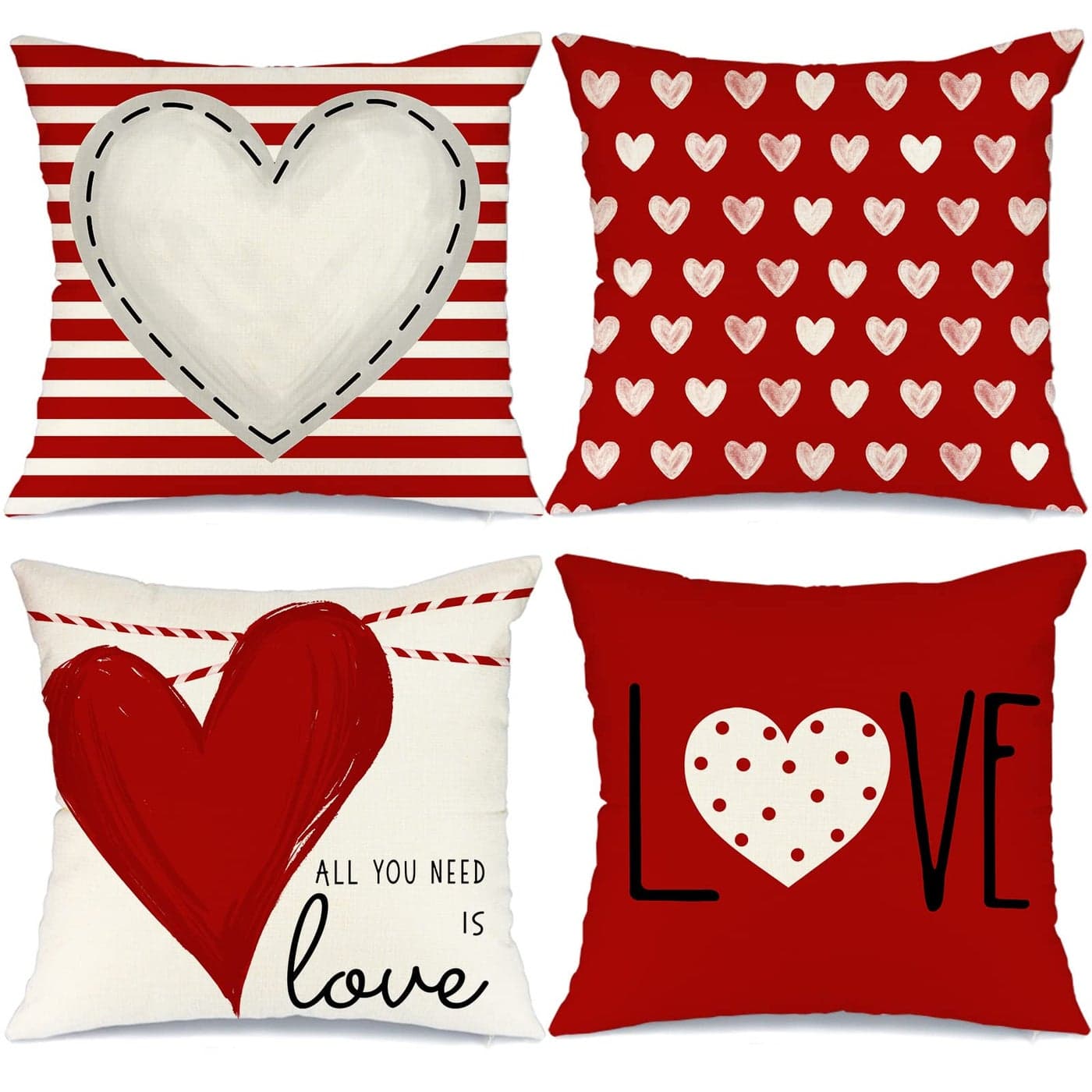 GEEORY Valentines Day Pillow Covers 20x20 inch Set of 4 for Valentines Decor Red White Stripes Dots Love Heart Valentines Day Throw Pillows Decorative Cushion Cases Valentine Decorations