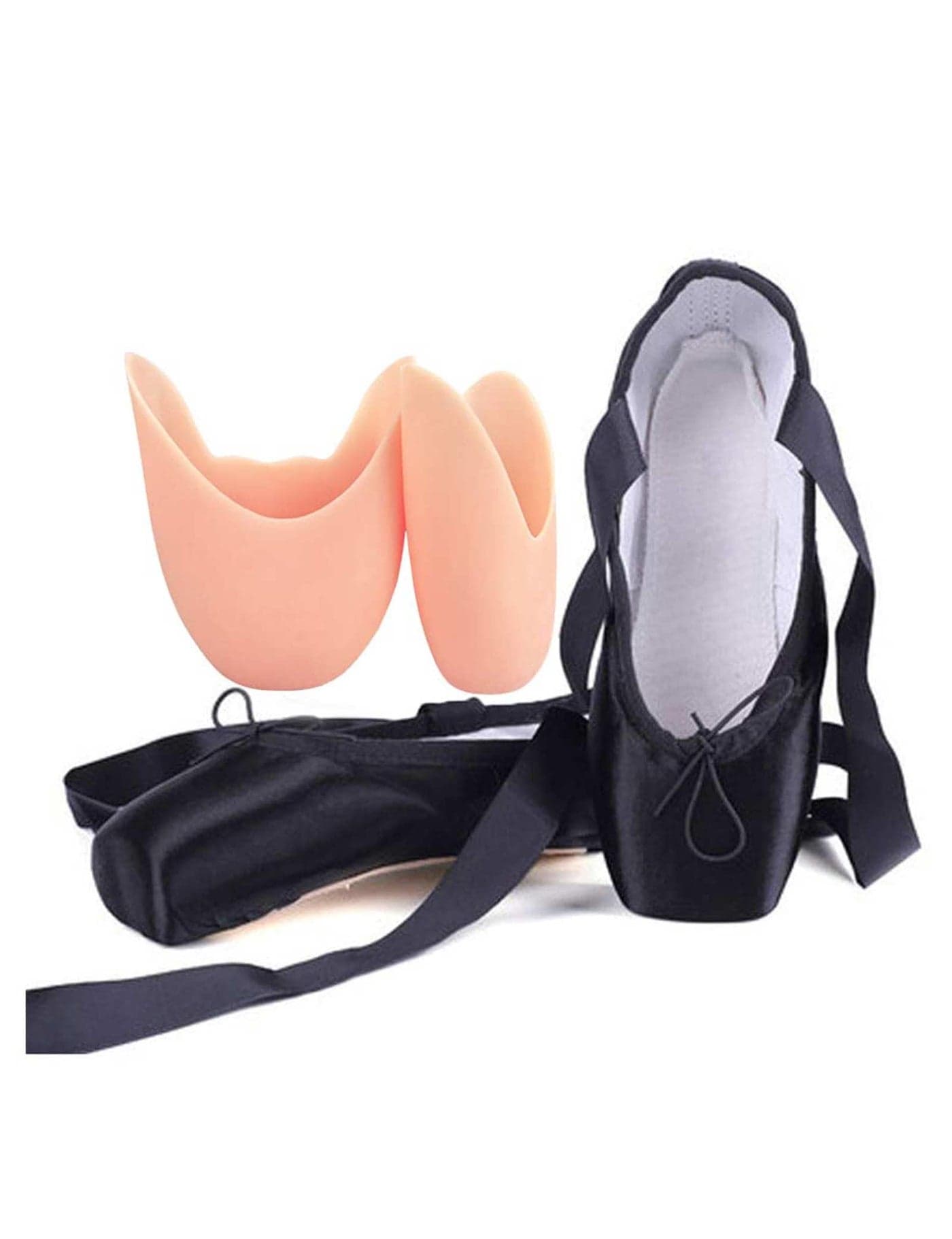 Daydance Black Women Pointe Shoes for Beginner Ribbon Ballerina Shoes with Toe Pads, 7 Big Kids