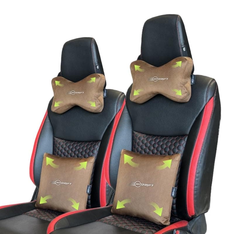 Neodrift 'Neo-Kit Combo' - (Colour - Coffee)(2 Neck Cushions, 2 Square Pillows) | Neck & Back Rest Support Cushion Memory Foam Pillow for Neck, Head, Shoulder & Back Pain-Relief for Car Seat
