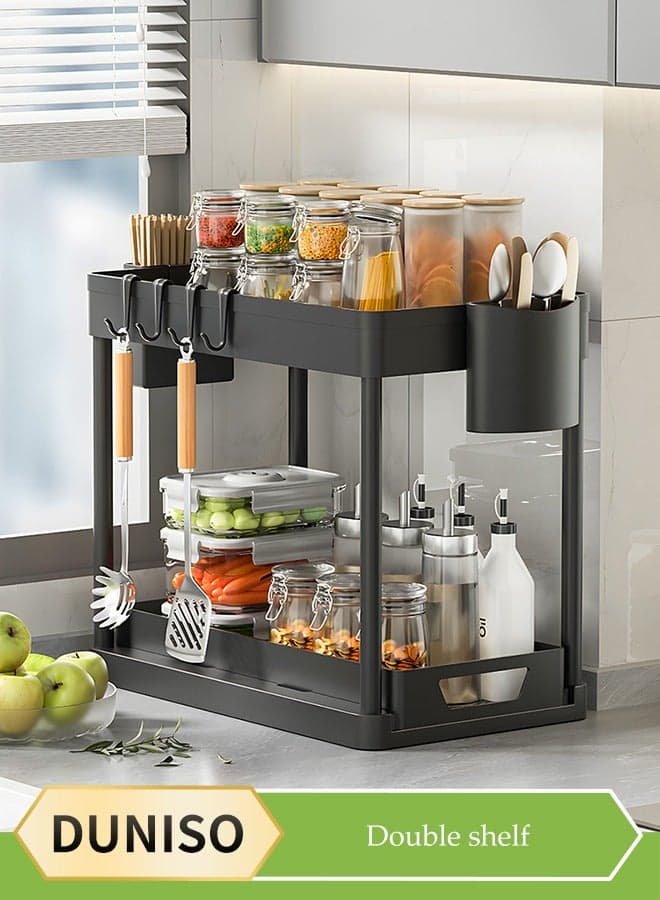 Double layer storage rack, multifunctional kitchen floor rack, cosmetics storage rack, table side storage platform, with hooks, suitable for kitchen, bathroom, office, dormitory, 39.2 * 21.2 * 35.7cm,black