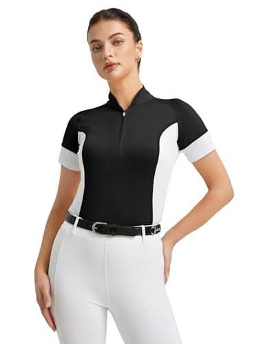 FitsT4 Sports Womens Short Sleeve Equestrian Shirts UPF50+ Horse Riding Shirts Breathable Rider Tops Half Zip Black M