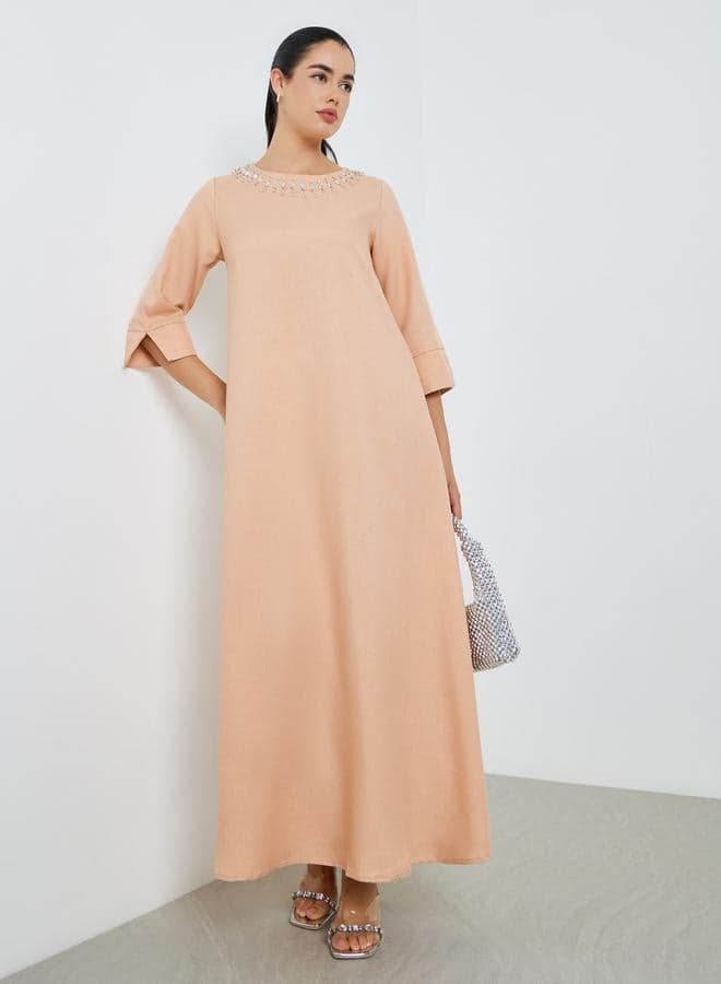 Women Linen Look Twill 3/4 Sleeve Jalabiya