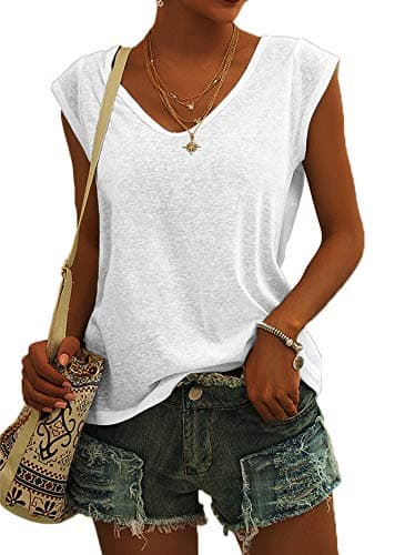 Langwyqu Womens Cap Sleeve Blouses T-Shirt Casual Loose Fit Basic Shirts Tank Tops White