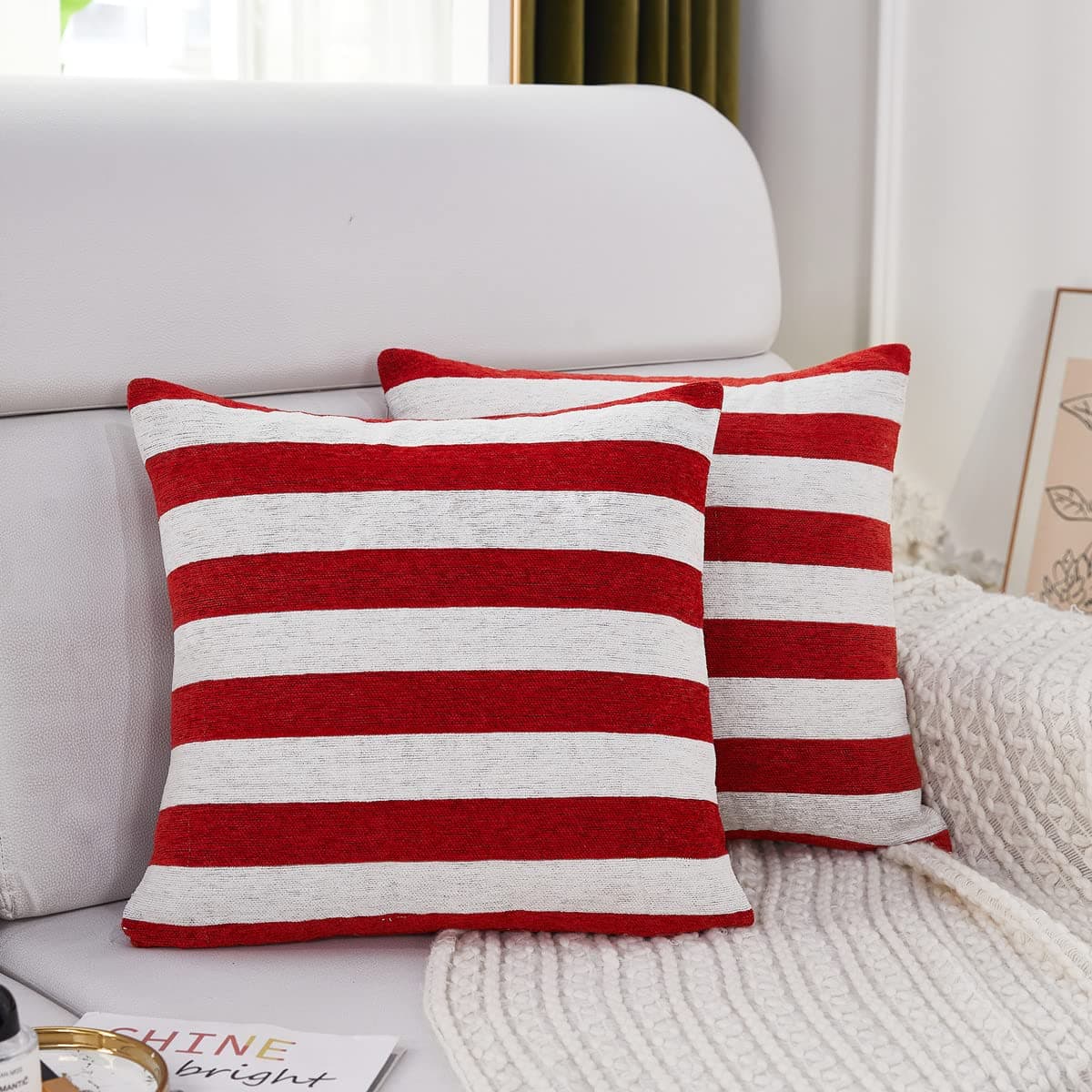 Sunday Praise Set of 2 Soft Chenille Decorative Patriotic Throw Pillow Covers July 4th Stripe Accent Square Cushion Cover Case Sham for Couch Sofa Bed Car 18 x 18 Inch 45x45cm Red and White