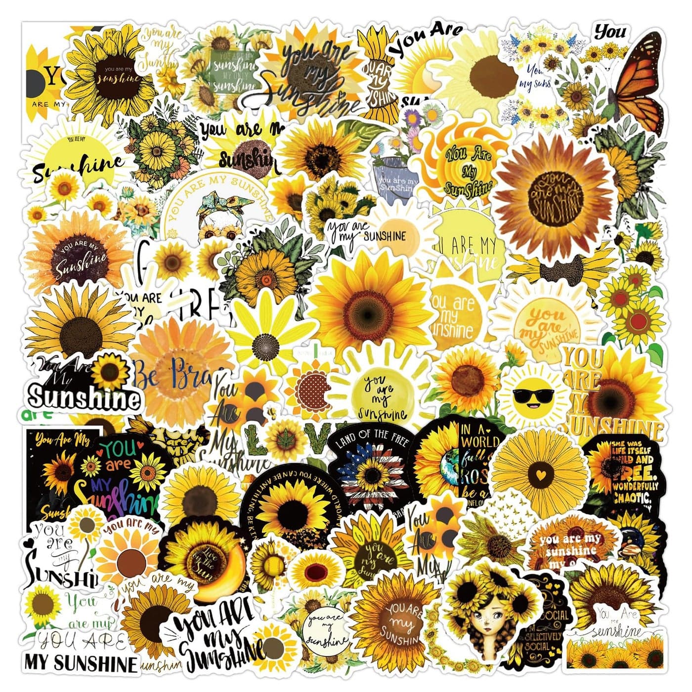 100Pcs Sunflower Stickers Decals You are My Sunshine Stickers for Kids Teens Waterproof Vinyl Stickers for Laptop Water Bottle Guitar Scrapbook
