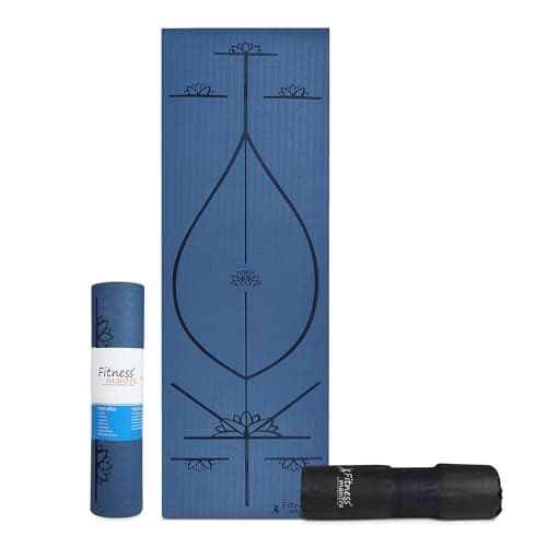 Fitness Mantra® TPE 6mm Body Alignment Lines Yoga Mat with Cover Bag for Gym Workout and Yoga Exercise for Men & Women Fitness| 1 Piece| 6mm| 24"x72"| Alignment Lines | Navy Blue Color|