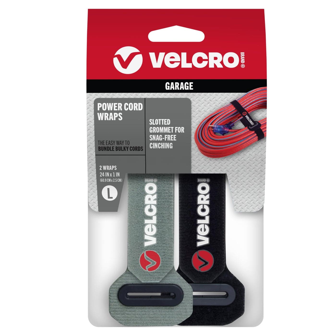 VELCRO Brand Power Cord Wraps | 24 Inch Extra Long Heavy Duty Straps for Extension Cords, Hoses, Garage Organization | 2-pack | Reinforced Head with Slotted Grommet | Black and Gray