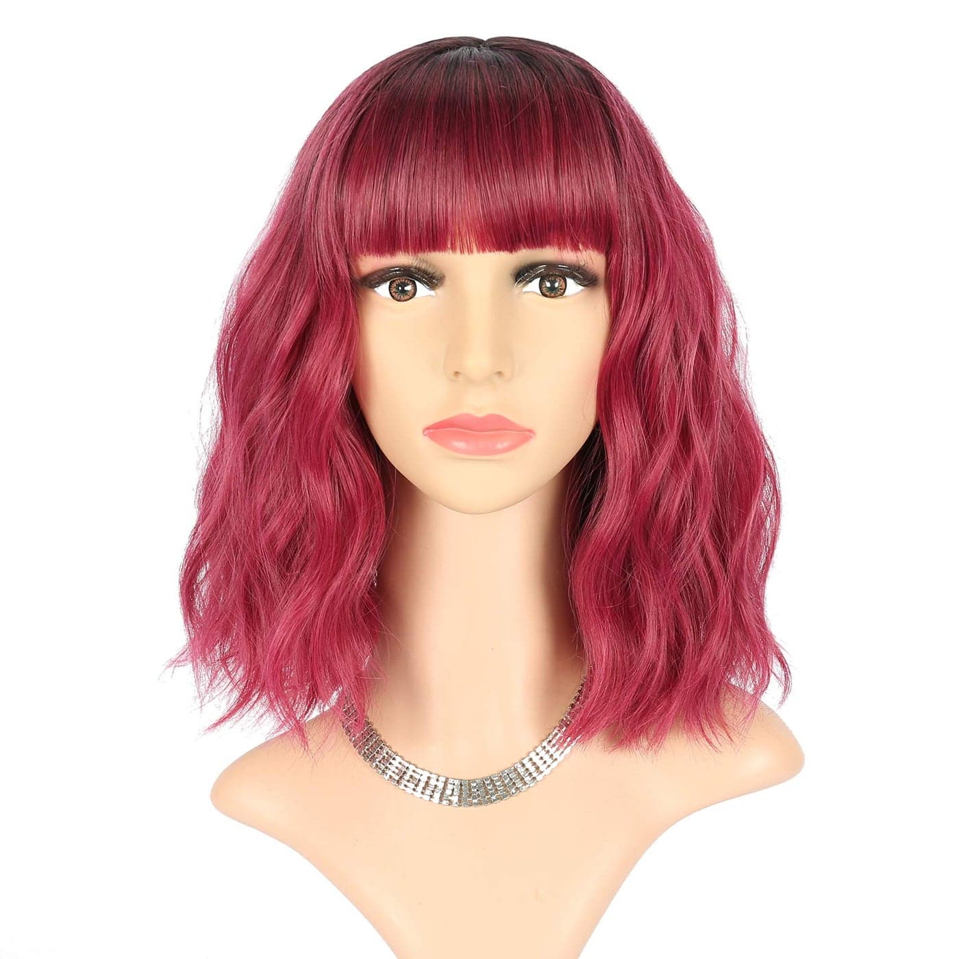 FAELBATY Short Wave Bob pink Wig With Bangs Synthetic Ombre Pink Cosplay Wig for women Halloween Wig Costume Wigs 12 Ombre Dark Red Color