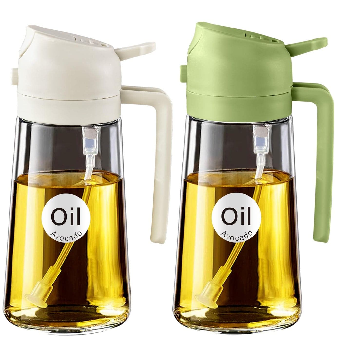 YARRAMATE 2Pcs 16oz470ml 2 in 1 Oil Sprayer for Cooking with Stickers Foodgrade Glass Oil Spray Bottle Oil Dispenser and Oil Sprayer for Kitchen Salad Frying BBQ White Green
