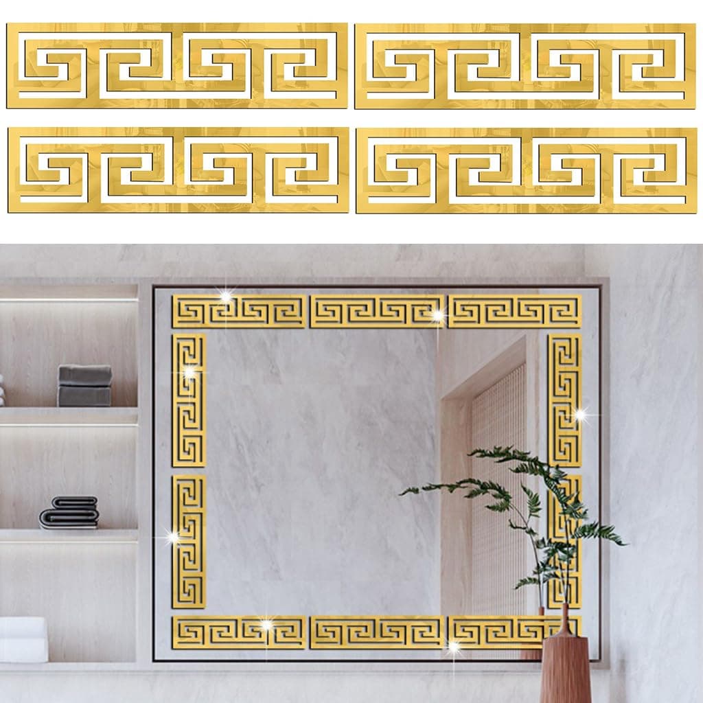 HASTHIP® 12Pcs Golden Decorative Mirror Stickers for Wall, Geometric Acrylic Wall Border Stickers, Versatile Mirror Frame Decor for Bedroom Bathroom Living Room Background Decor, 7.87x1.96 Inches