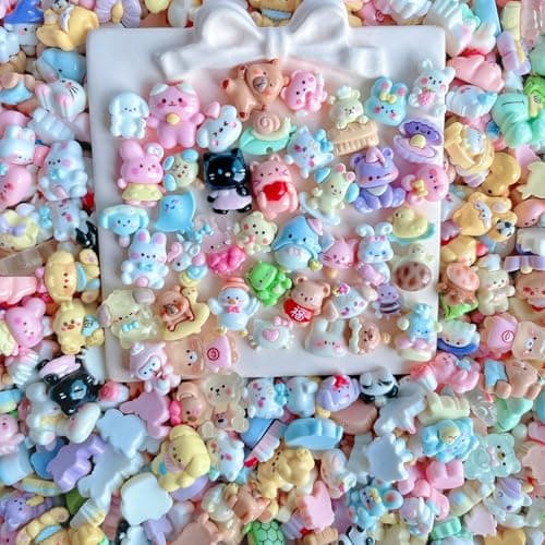 100 Pcs Pastel Animals Slime Charms Set Bulk Cat Dog Bunny Chicken Mixed Resin Charms Set Ornament for Crafts Scrapbooking Embellishments1X15CM C
