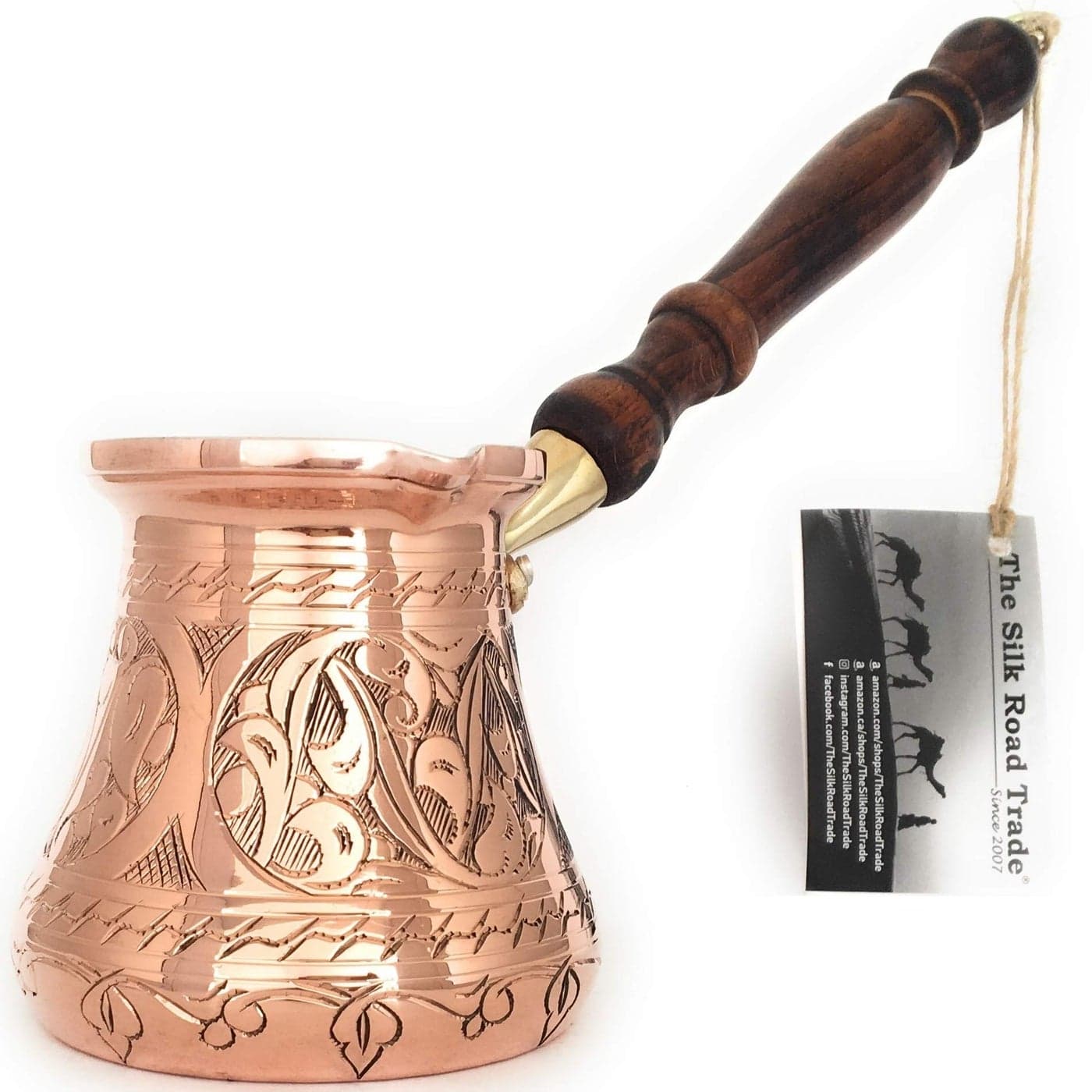 PC Series Large 14 fl oz Thickest Solid Copper Engraved Turkish Greek Arabic Coffee Pot Wooden Handle Heavy Duty Stovetop Coffee Maker Jazzve Cezve Ibrik with Hammered Base