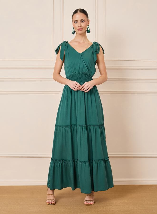 Styli Smocked Waist Tie Sleeves Tiered Maxi Dress