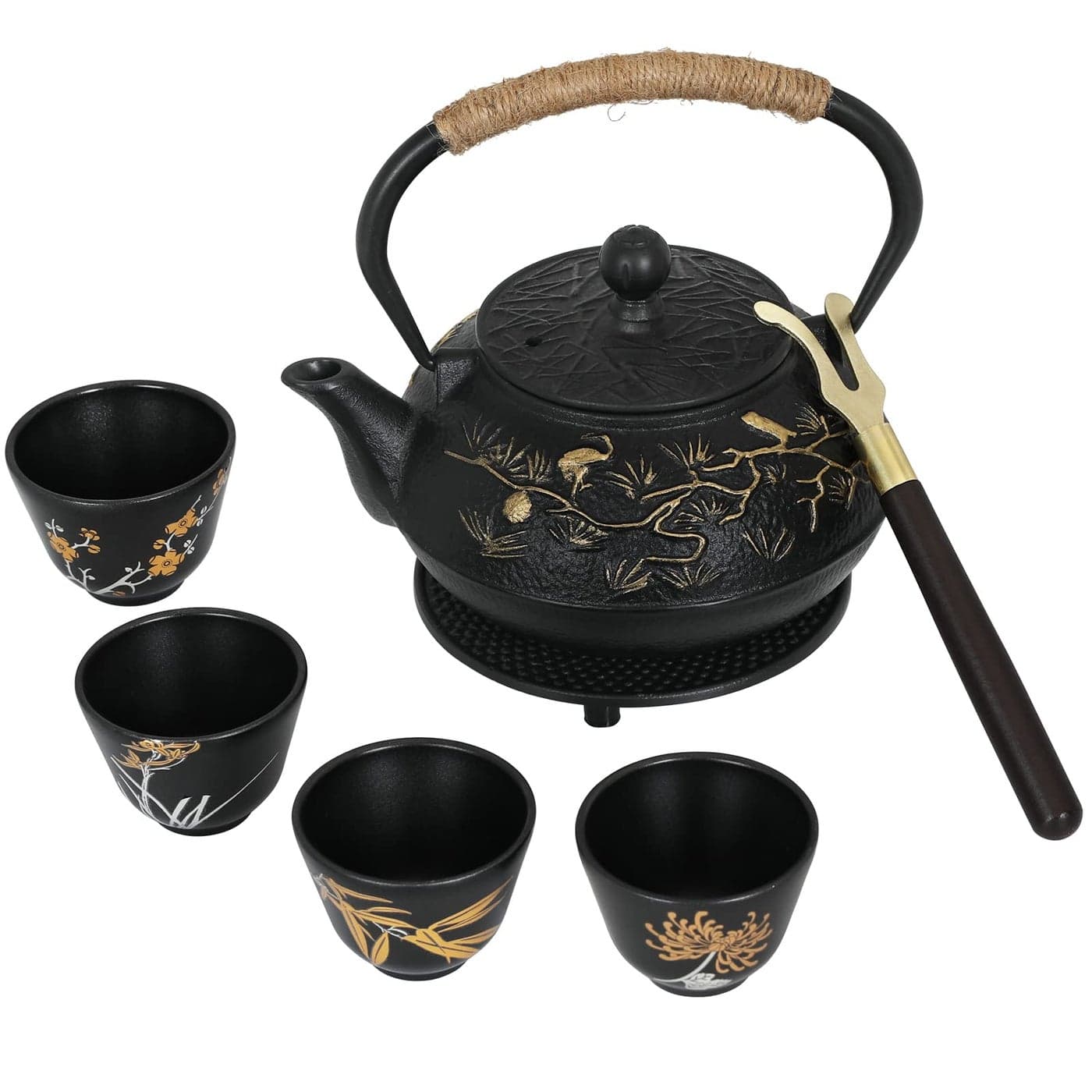RekRang Longevity Crane Cast Iron Teapot Japanese Style Tetsubin Tea Kettle with 4 Cups Removable Infuser and Trivet Antique Cast Iron Tea Set for Stove 800ml 28Ounce