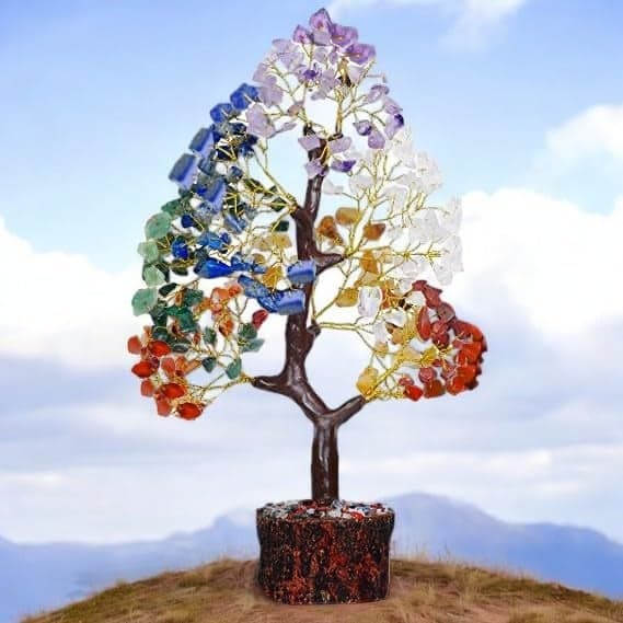 PARADIGM PICTURES Big 12 Inch Seven Chakra Crystals and 300 Gemstones Tree Showpiece for Good Luck Home Decor Item Bonsai Money Tree Plant Gift Item Figurine 300 Beads