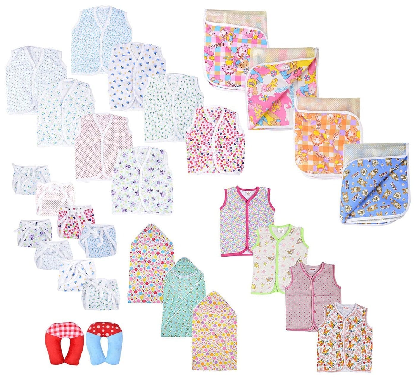 Firststep Baby Combo of 5 Very Much usable Item in Daily Life,Baby jhabla Pack of 8pcs with 8nappies,4 Plastic Sheet,3 Cotton Blankets,4 Baby Hosiery Vest,2 Baby U-Shape Pillow (0-6months)(Assorted)