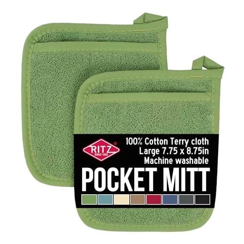 RITZ Terry Pocket Mitt Hot Pad Heat Resistant Durable 100 Cotton Ergonomically Designed for Optimal Grip EasyCare Machine Washable Perfect for Your Kitchen Cactus Green 2Pack
